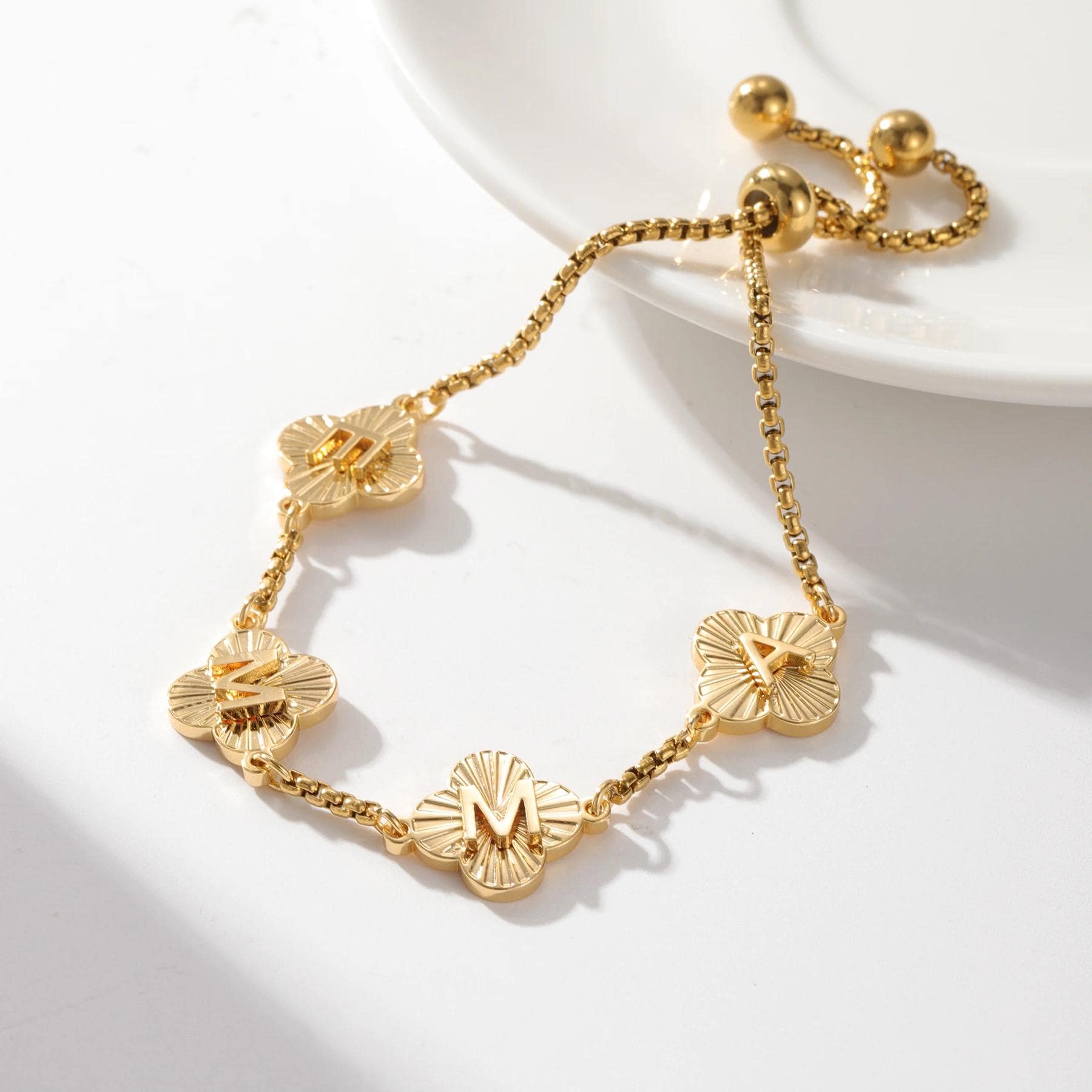 Engraved Clover Initial Bracelet: Waterproof Stainless Steel, Adjustable