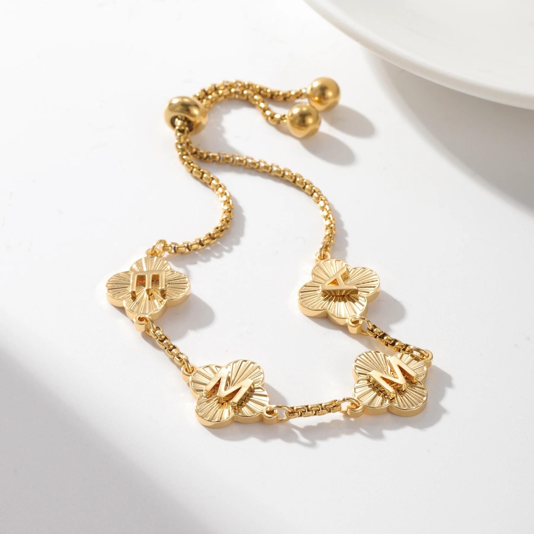Engraved Clover Initial Bracelet: Waterproof Stainless Steel, Adjustable