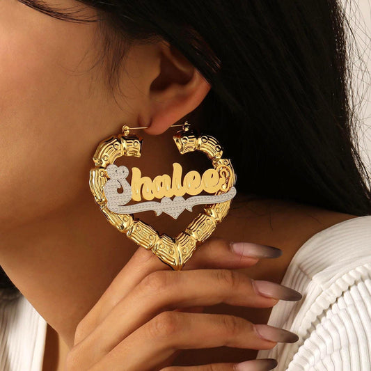 Personalized Heart Bamboo Hoop Earrings: 18K Gold Plated Stainless Steel