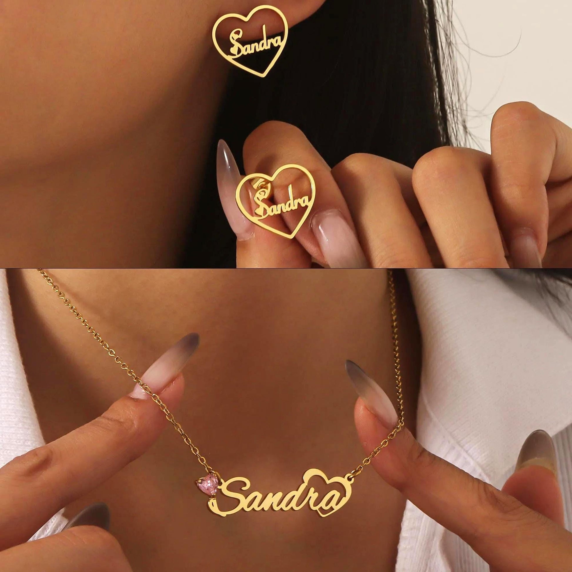 Personalized Birthstone Name Necklace & Heart Earrings Set: 18K Gold Plated