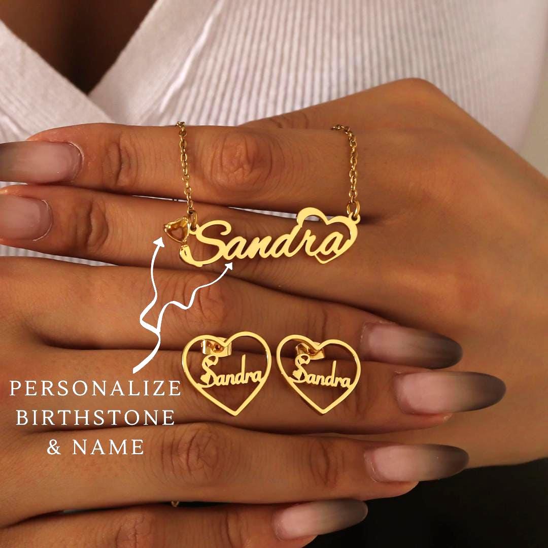 Personalized Birthstone Name Necklace & Heart Earrings Set: 18K Gold Plated