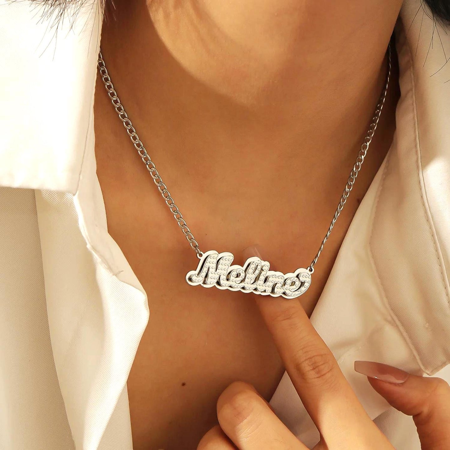 Custom Name Necklace: Textured Nameplate, Double Plated, Waterproof Jewelry
