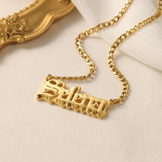 Custom Old English Name Necklace: Double Plated Cuban Link Pendant