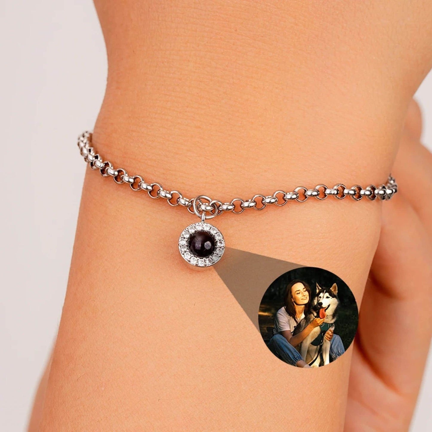 Photo Projection Bracelet: Cubic Zirconia Charm, Stainless Steel, Personalized Memorial Jewelry