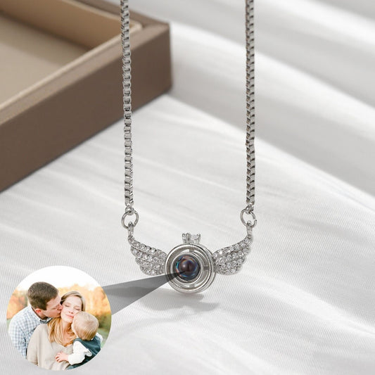 Photo Projection Angel Wings Necklace: Sterling Silver Cubic Zirconia Pendant