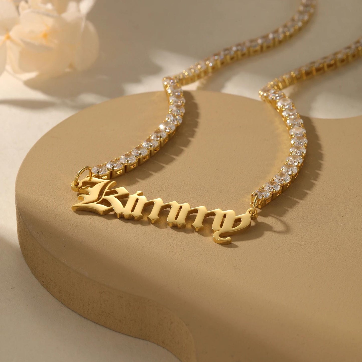Custom Old English Name Necklace: CZ Tennis Chain, Waterproof