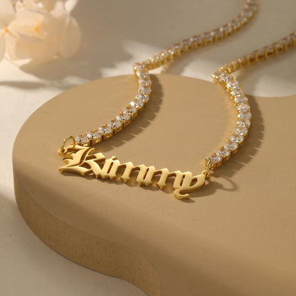 Custom Old English Name Necklace: CZ Tennis Chain, Waterproof