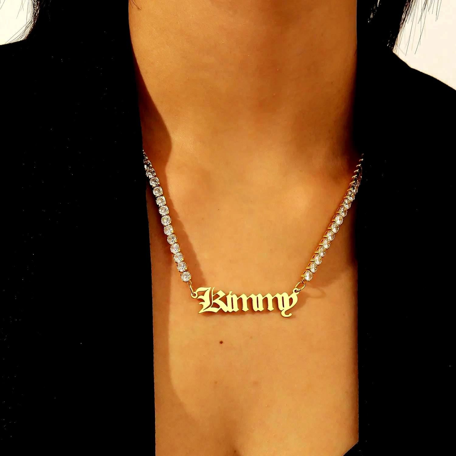 Custom Old English Name Necklace: CZ Tennis Chain, Waterproof
