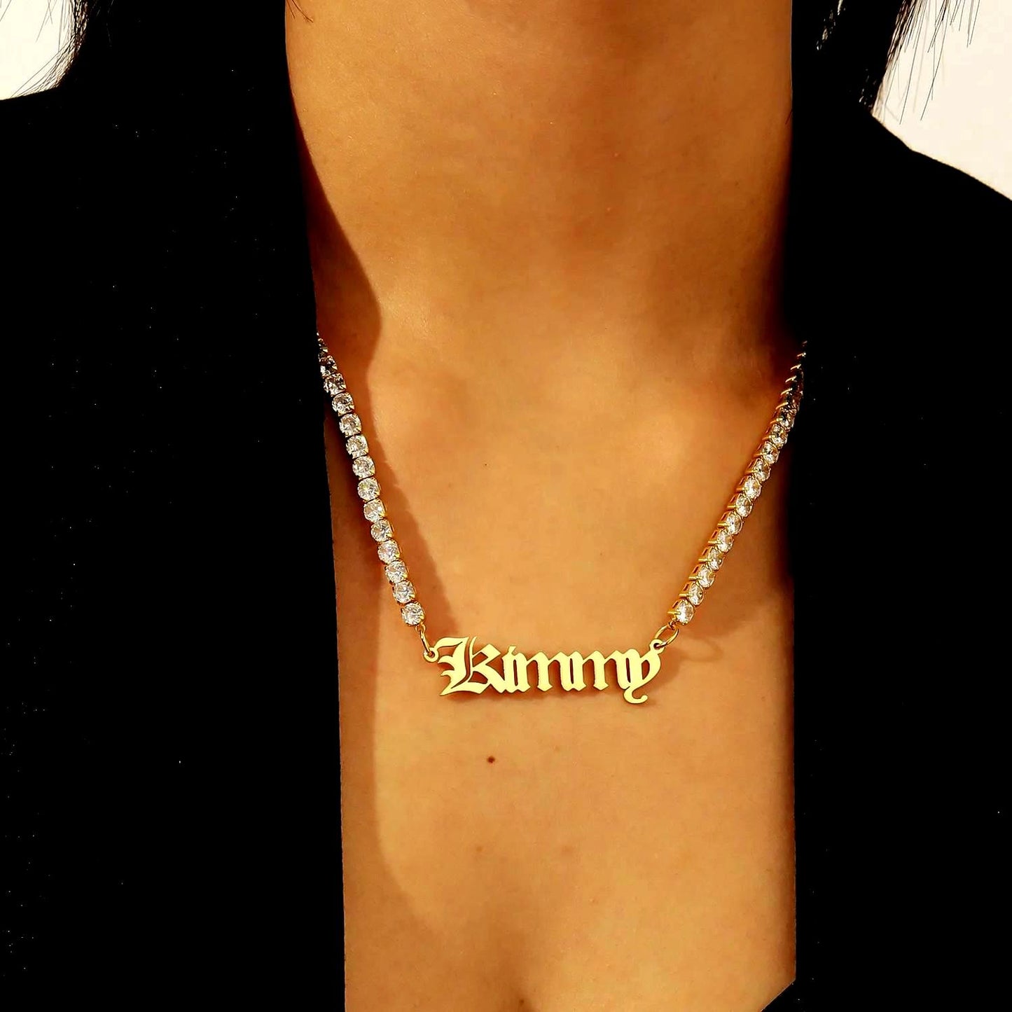 Gothic Name Necklace: CZ Tennis Chain, Waterproof Stainless Steel Jewelry