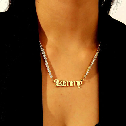Gothic Name Necklace: CZ Tennis Chain, Waterproof Stainless Steel Jewelry
