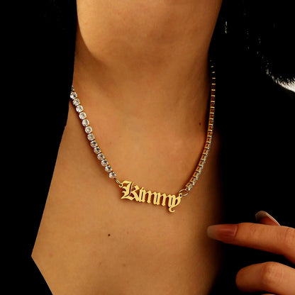 Custom Old English Name Necklace: CZ Tennis Chain, Waterproof