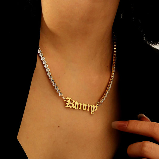 Custom Old English Name Necklace: CZ Tennis Chain, Waterproof