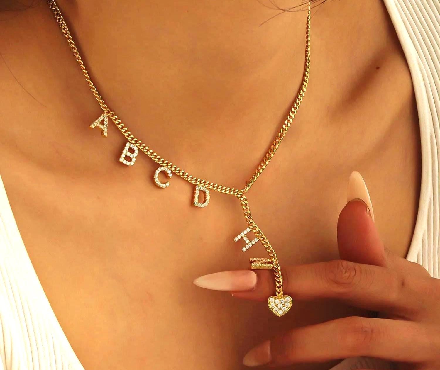 Gold Initial Lariat Necklace: Custom Cubic Zirconia Heart Pendant