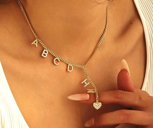Gold Initial Lariat Necklace: Custom Cubic Zirconia Heart Pendant