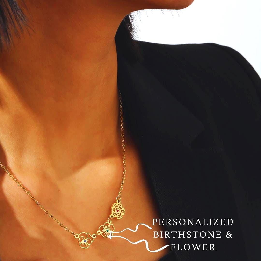 Personalized Birth Flower Necklace: 18K Gold, Custom Floral Jewelry