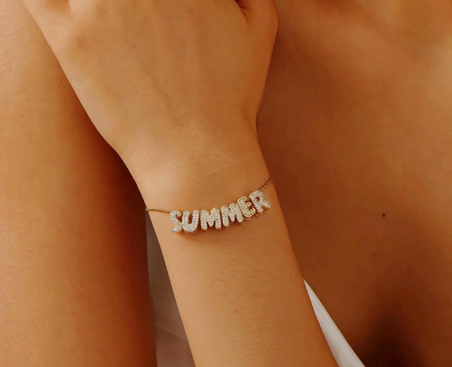Custom Bubble Letter Name Bracelet: Gold Plated Cubic Zirconia Charm