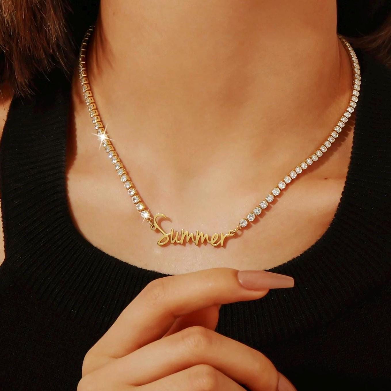 Personalized Name Necklace: AAA Cubic Zirconia Tennis Chain, Waterproof and Non Tarnish