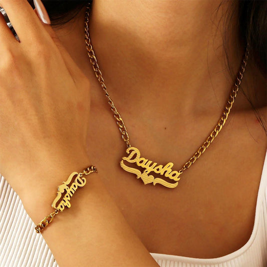 Custom Diamond-Cut Name Necklace & Bracelet Set: 18K Gold Plated Cuban Link