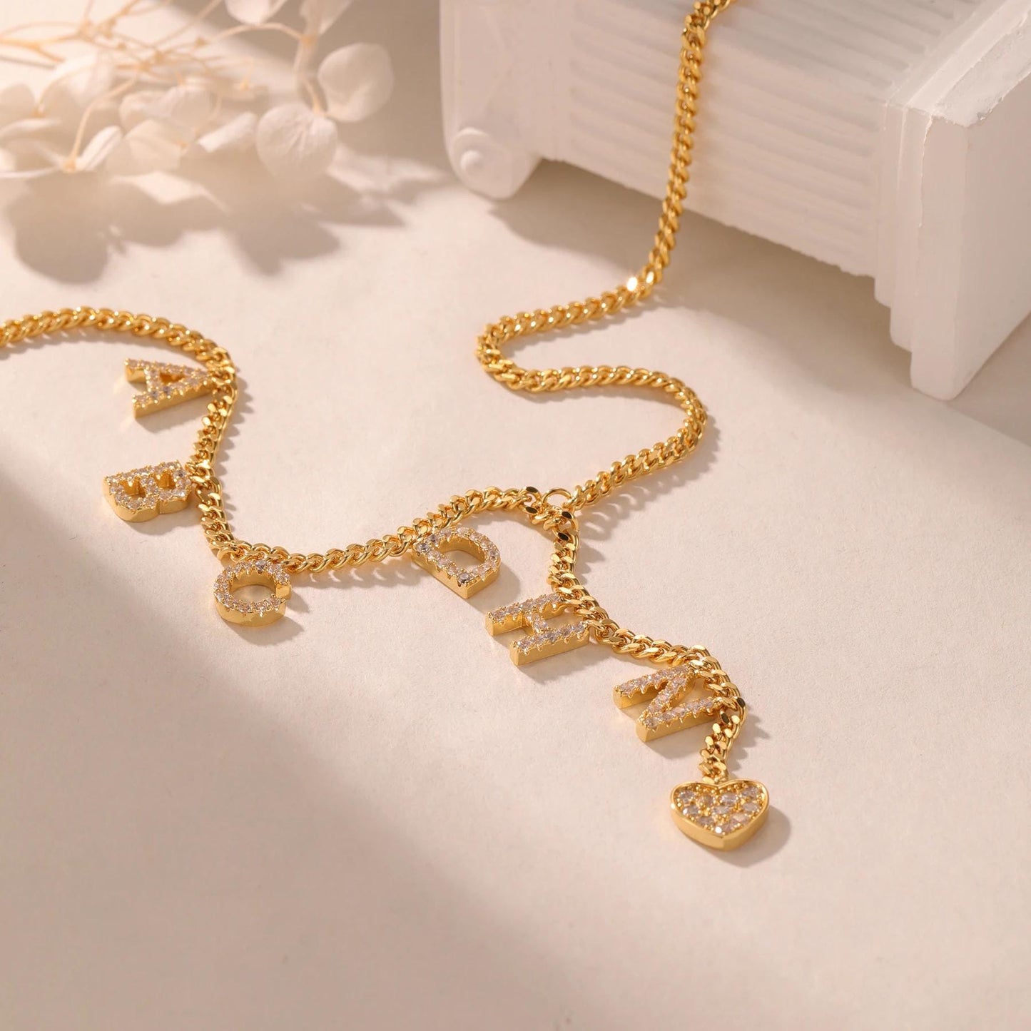 Gold Initial Lariat Necklace: Custom Cubic Zirconia Heart Pendant