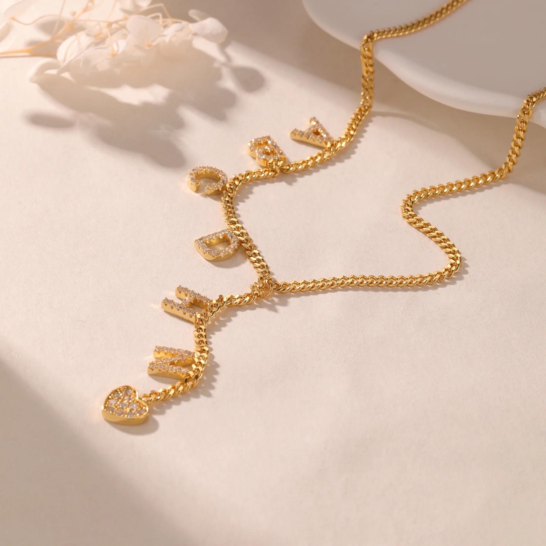 Gold Initial Lariat Necklace: Custom Cubic Zirconia Heart Pendant