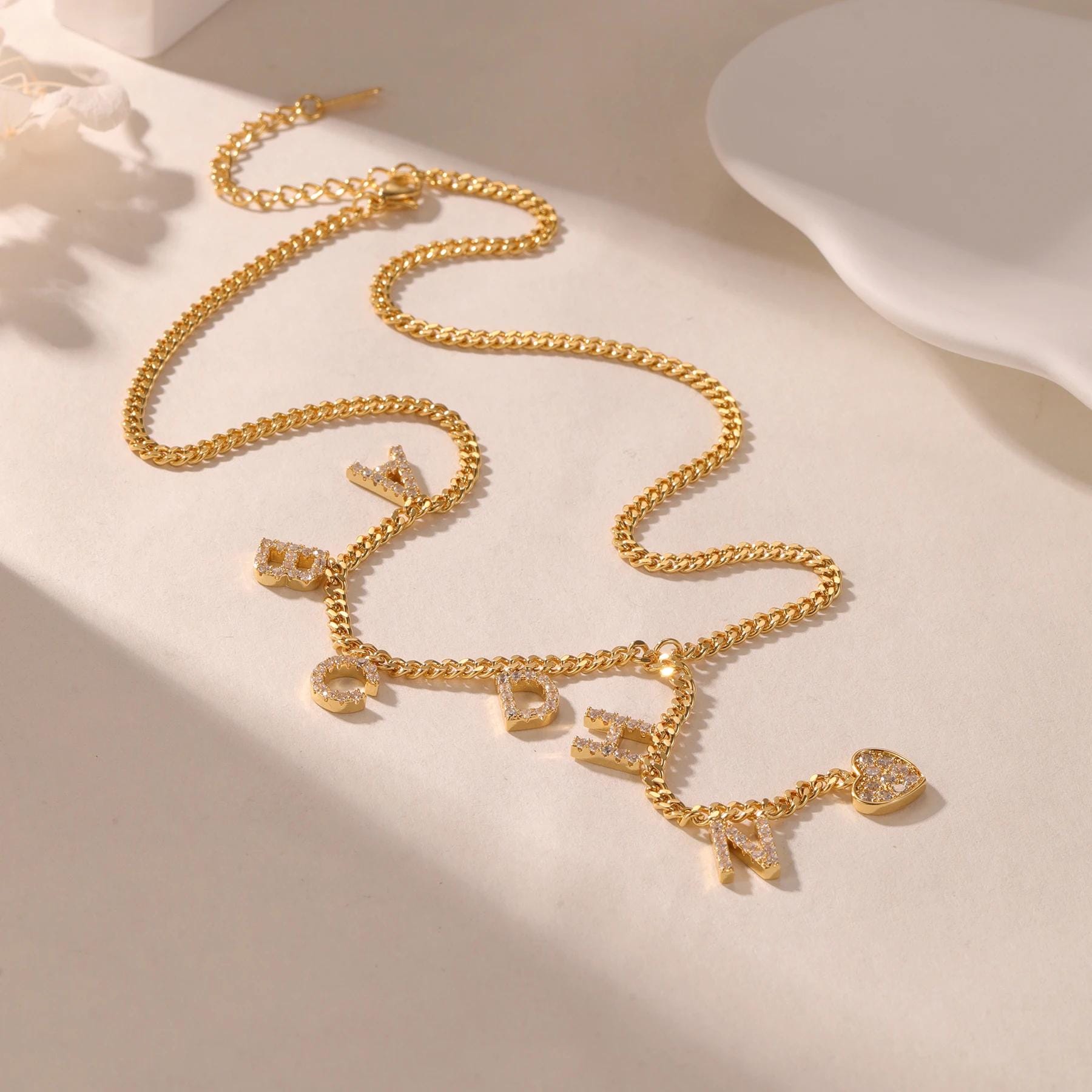 Gold Initial Lariat Necklace: Custom Cubic Zirconia Heart Pendant