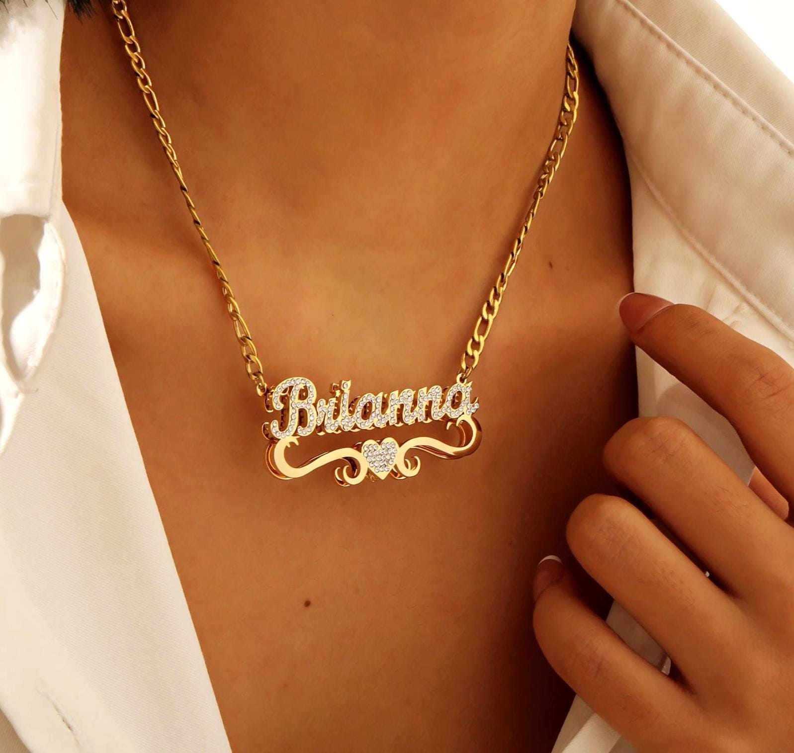 Custom CZ Name Necklace: Double Plated Gold Figaro Chain