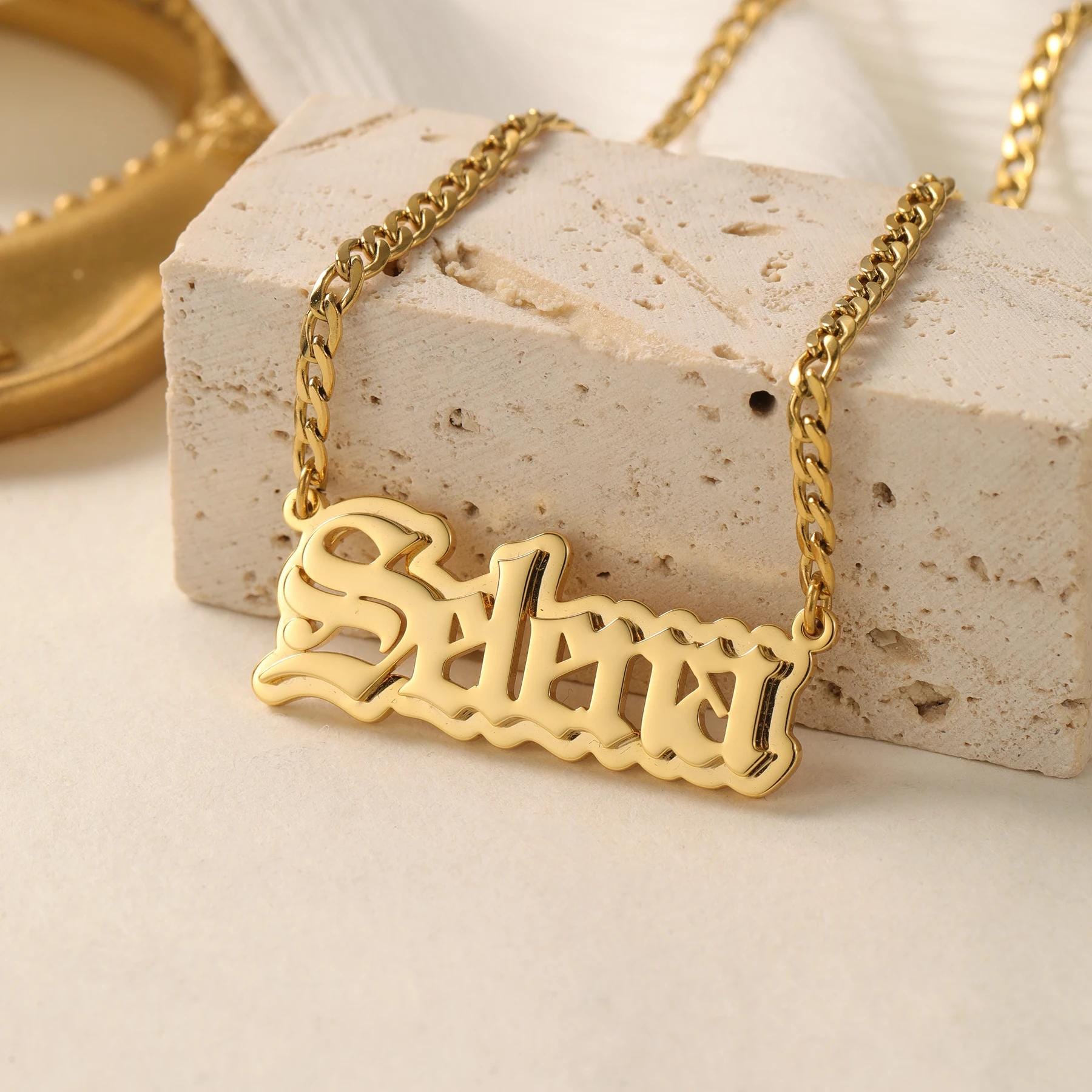 Custom Old English Name Necklace: Double Plated Cuban Link Pendant