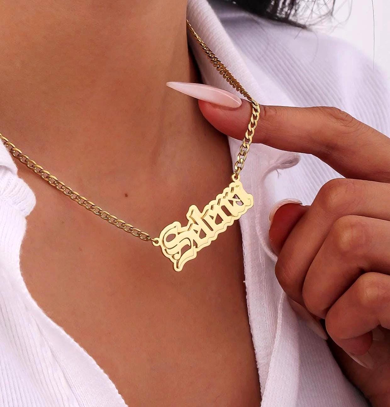 Custom Old English Name Necklace: Double Plated Cuban Link Pendant