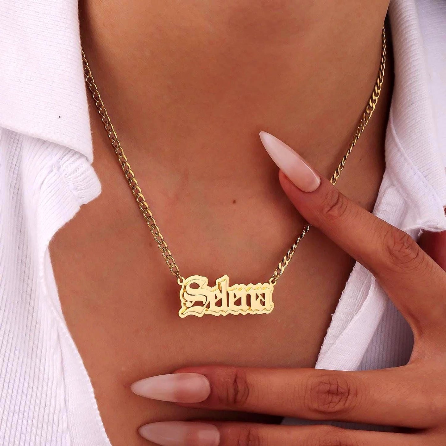 Custom Old English Name Necklace: Double Plated Cuban Link Pendant