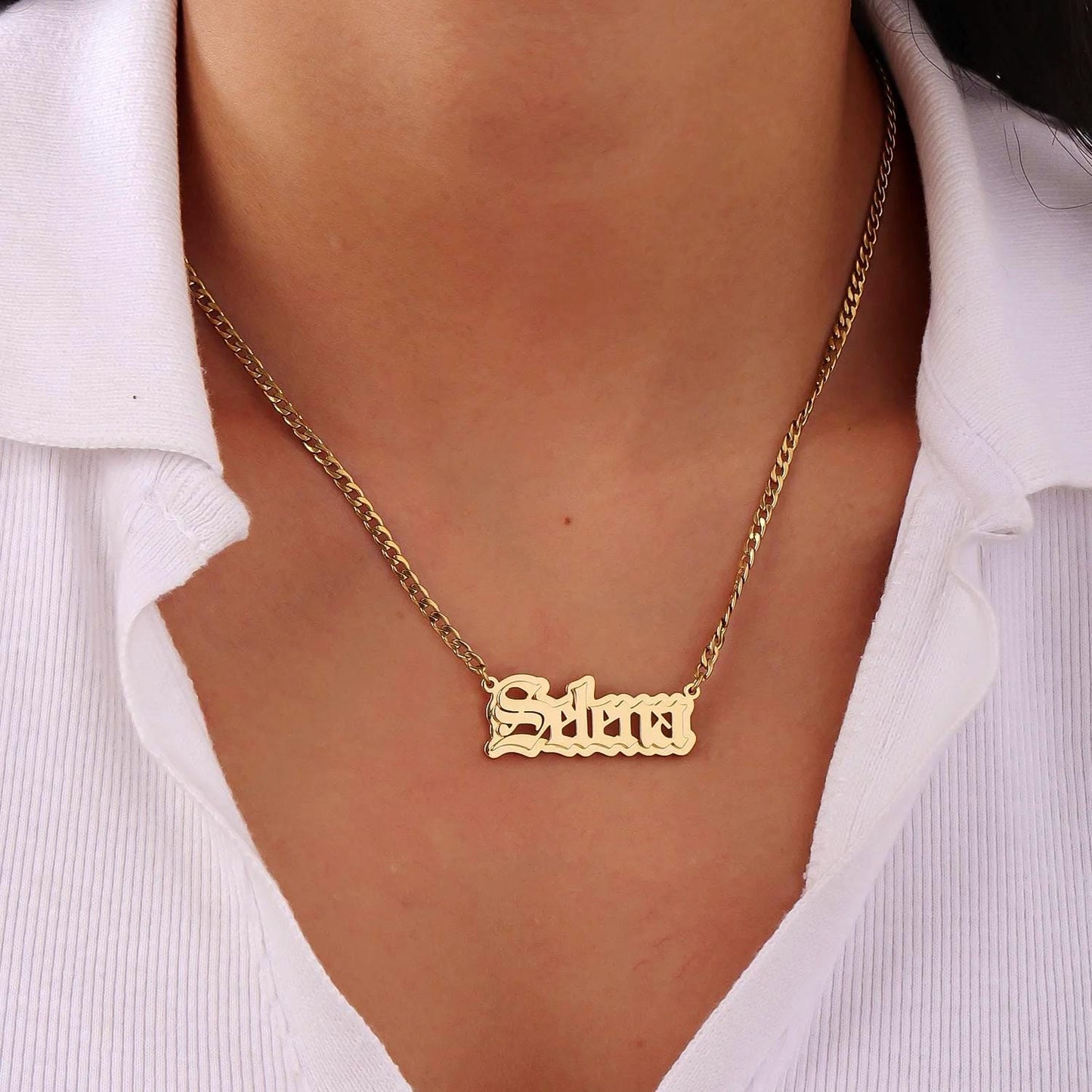Custom Old English Name Necklace: Double Plated Cuban Link Pendant
