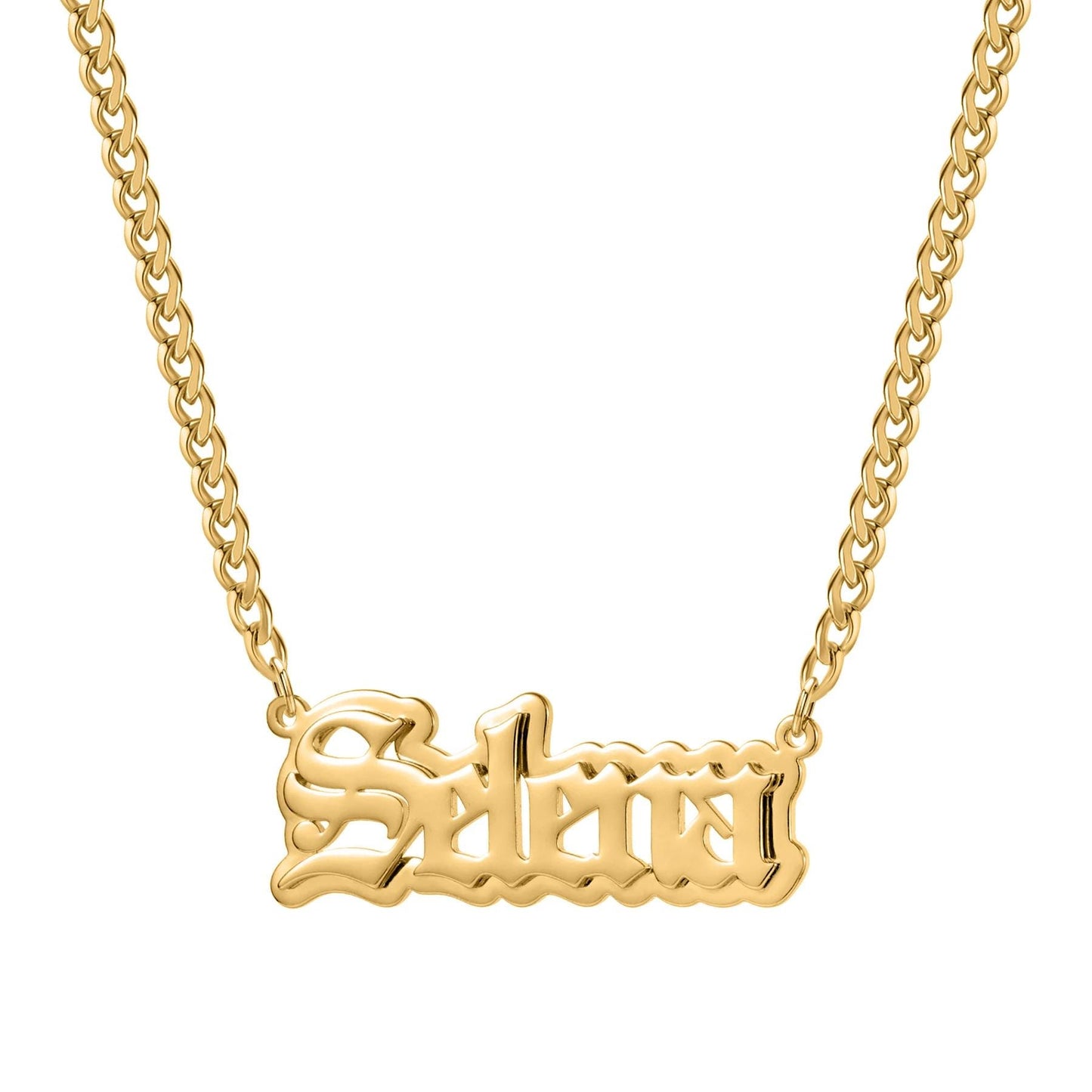 Custom Old English Name Necklace: Double Plated Cuban Link Pendant