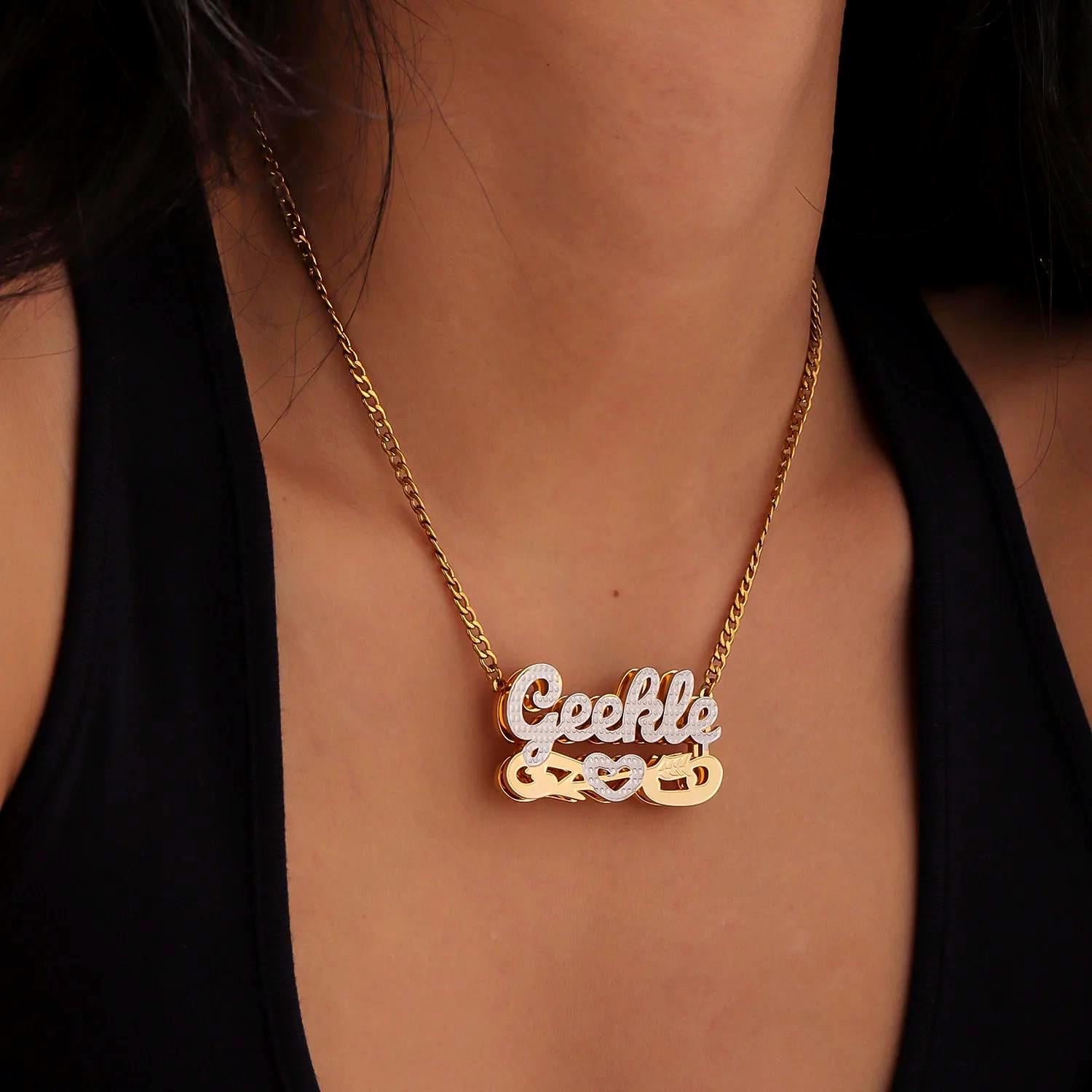 Two-Tone Cupid Name Necklace: Double Plated Figaro Chain, Custom Jewelry