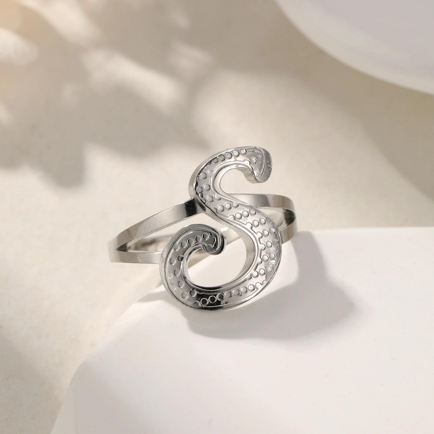 Initial Ring: Vintage Style Ring, Adjustable Stainless Steel Jewelry, Waterproof