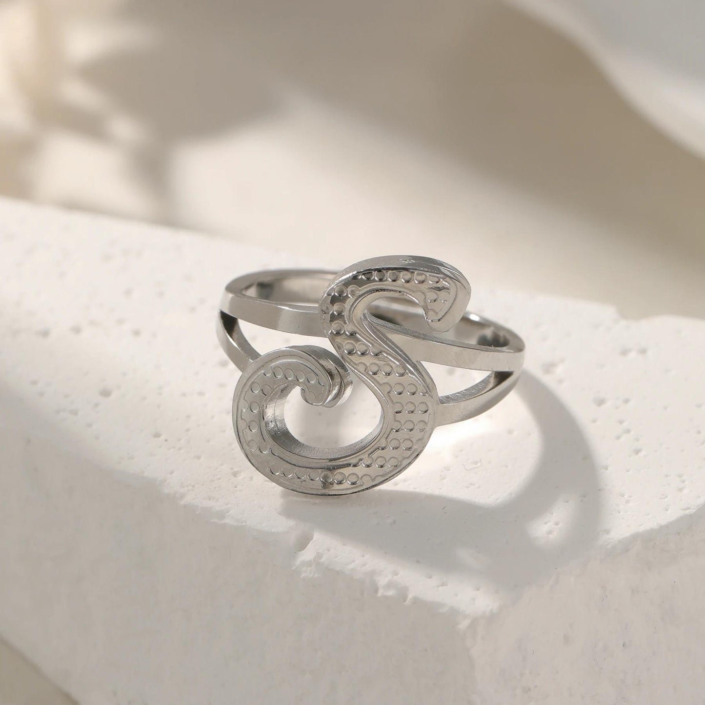 Initial Ring: Vintage Style Ring, Adjustable Stainless Steel Jewelry, Waterproof