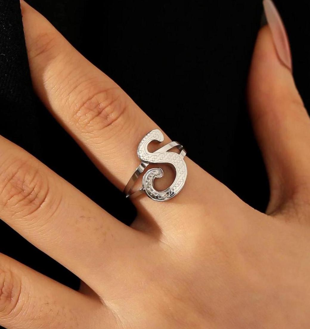 Initial Ring: Vintage Style Ring, Adjustable Stainless Steel Jewelry, Waterproof