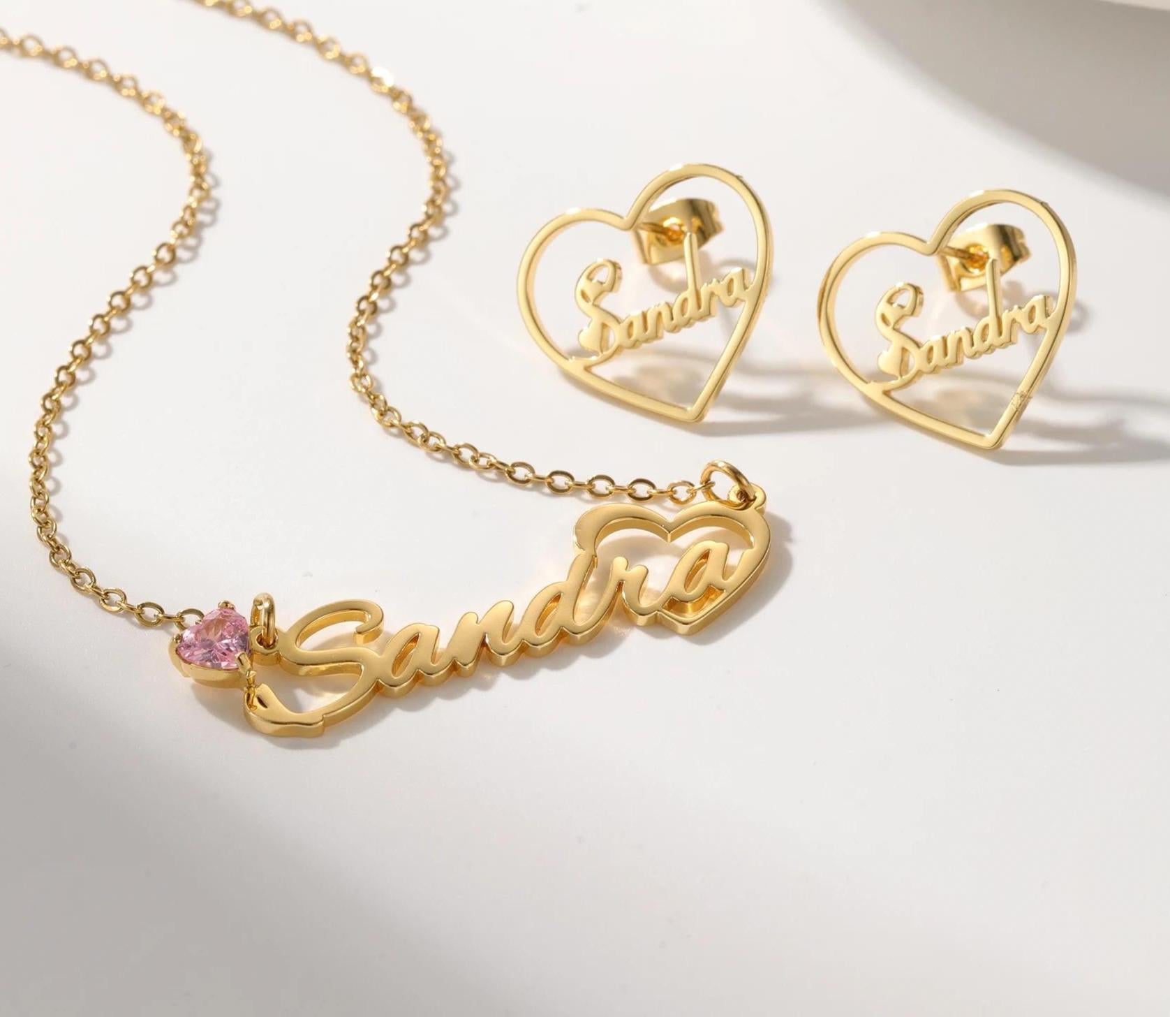 Personalized Birthstone Name Necklace & Heart Earrings Set: 18K Gold Plated