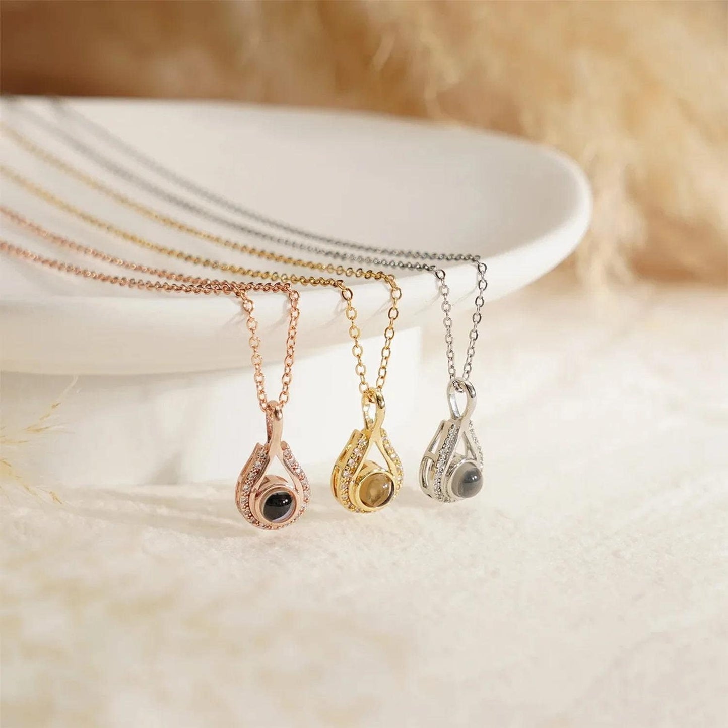 Teardrop Photo Projection Necklace: Stainless Steel Memorial Keepsake
