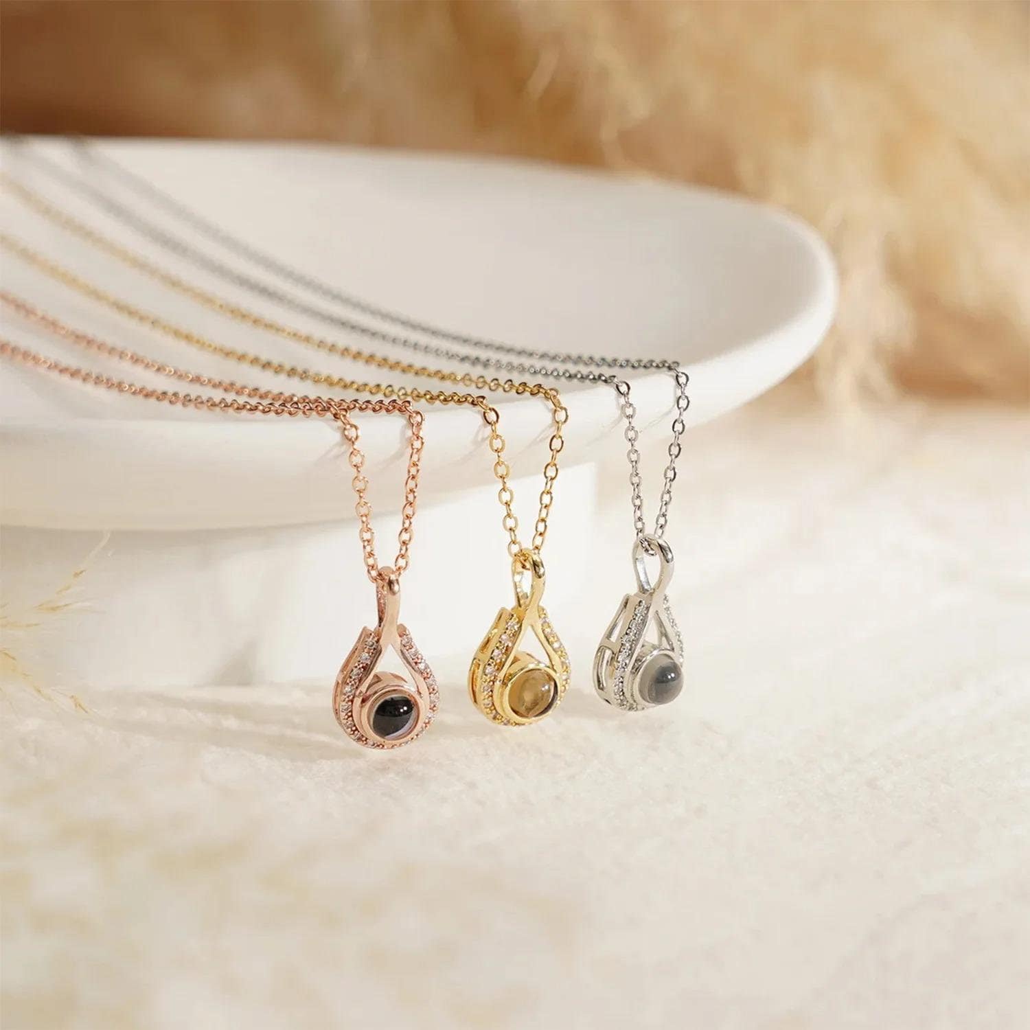 Teardrop Photo Projection Necklace: Stainless Steel Memorial Keepsake