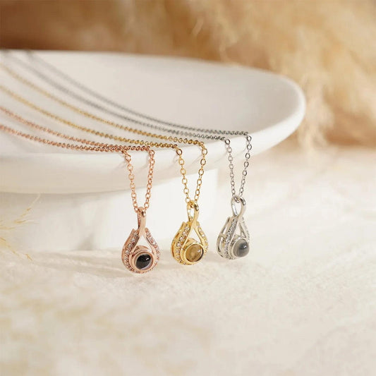 Teardrop Photo Projection Necklace: Stainless Steel Memorial Keepsake