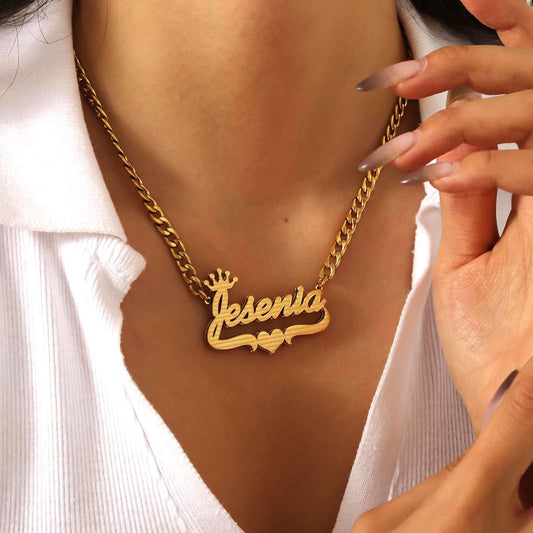 Custom Double Plated Name Necklace: Crown & Heart Cuban Link