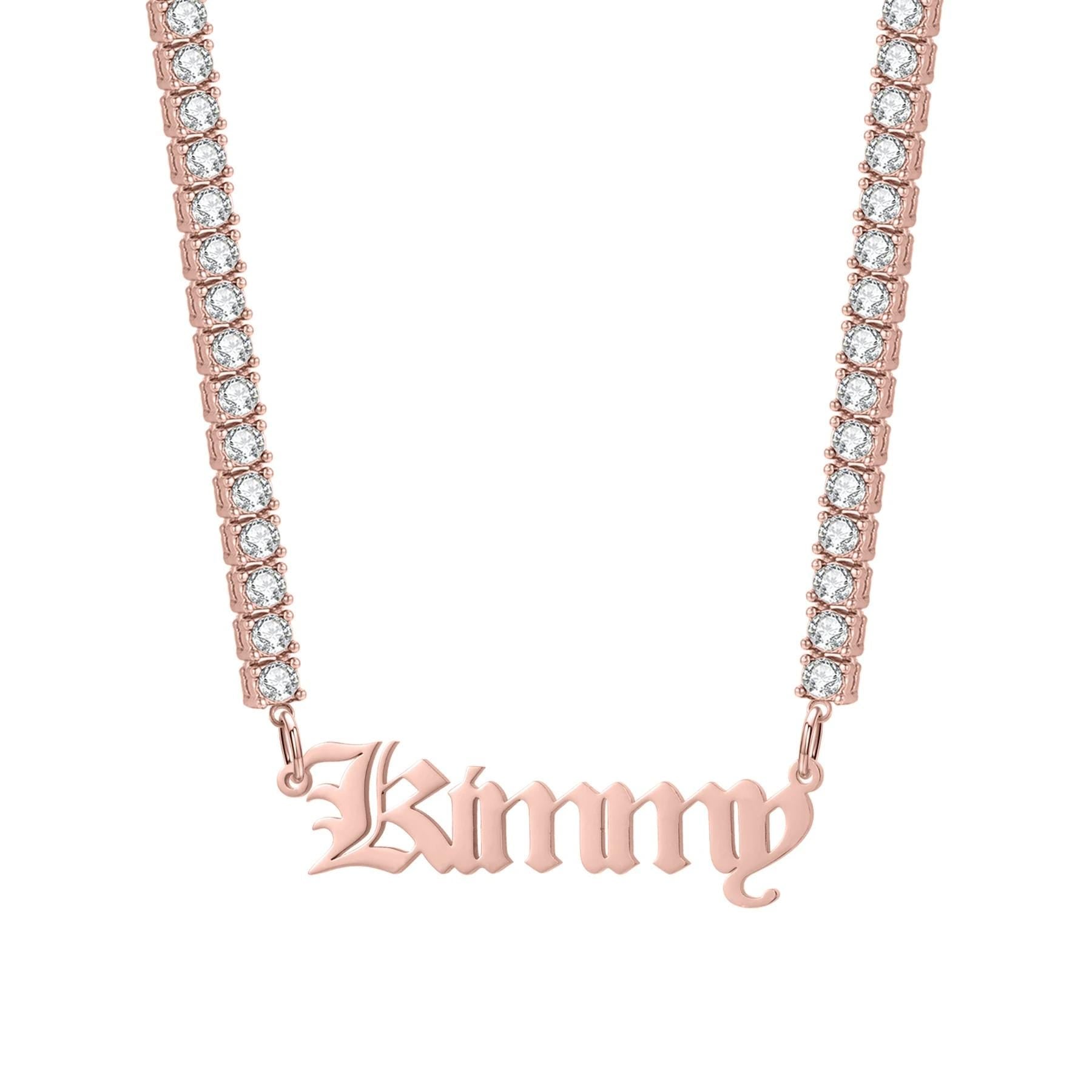 Custom Old English Name Necklace: CZ Tennis Chain, Waterproof