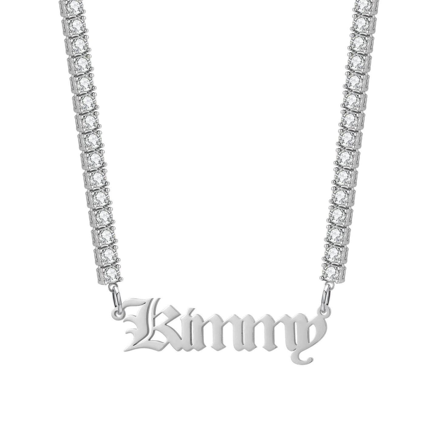 Custom Old English Name Necklace: CZ Tennis Chain, Waterproof