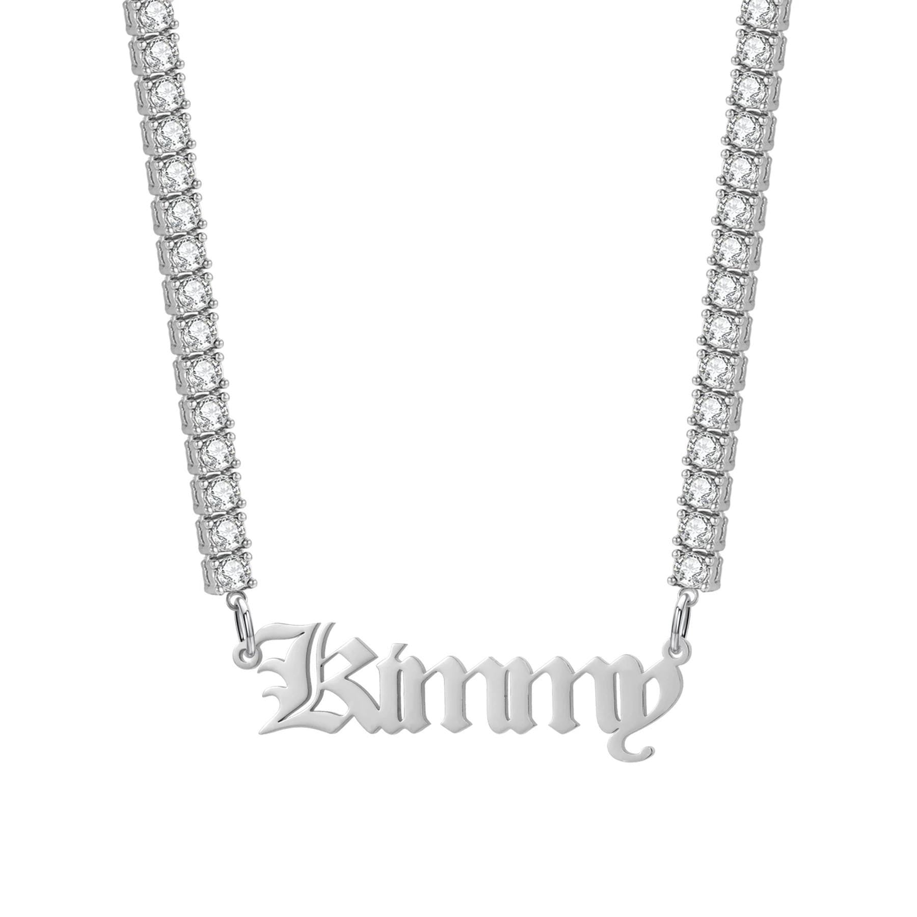 Custom Old English Name Necklace: CZ Tennis Chain, Waterproof