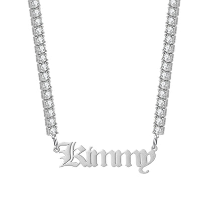 Custom Old English Name Necklace: CZ Tennis Chain, Waterproof
