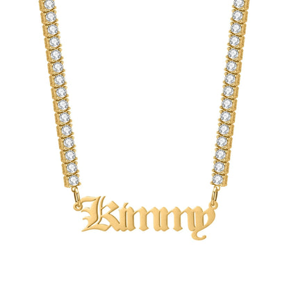 Custom Old English Name Necklace: CZ Tennis Chain, Waterproof