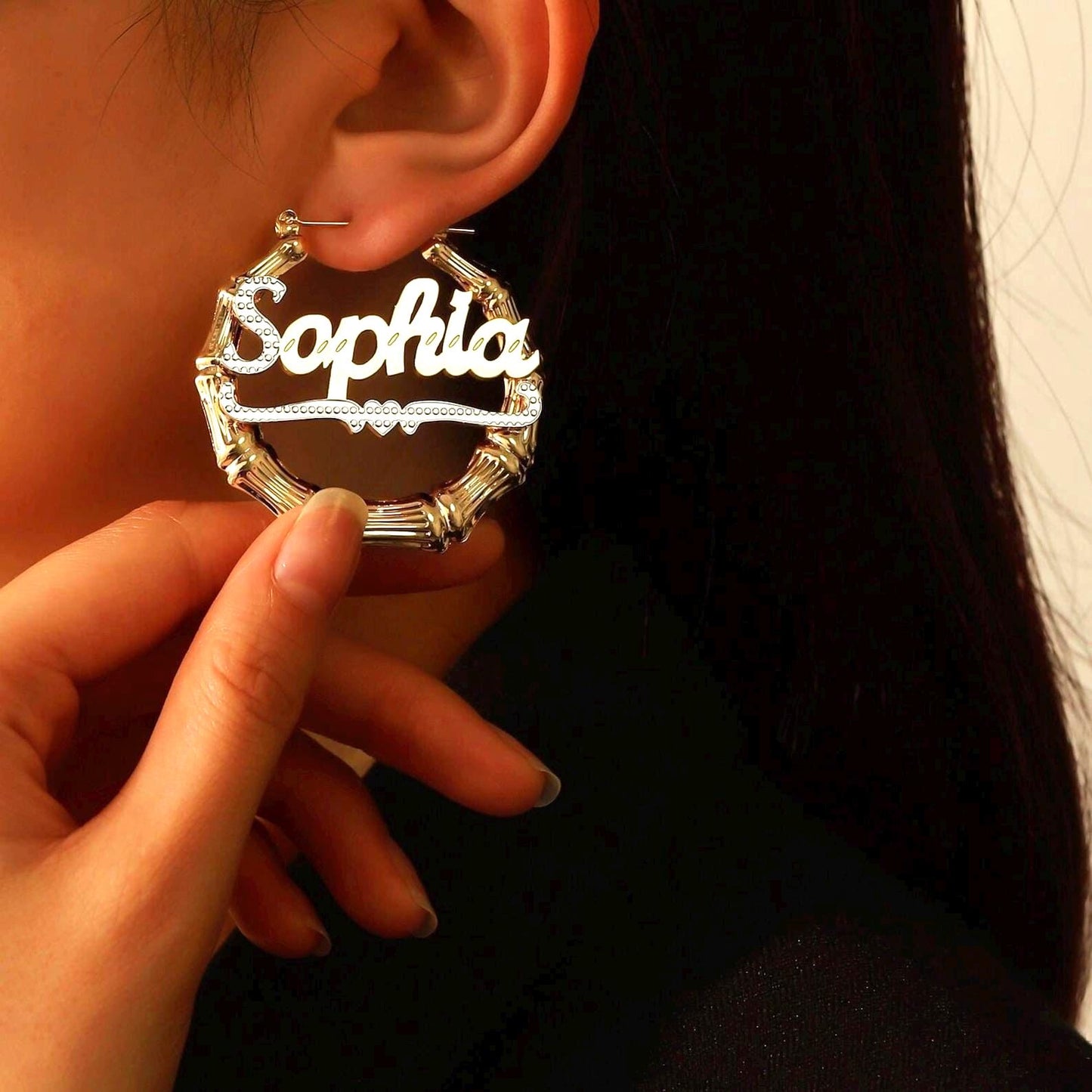 Custom Bamboo Hoop Earrings: Non Tarnish Two-Tone Name Earrings