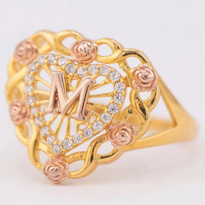 Personalized Heart Ring: Vintage Initial Ring with Rose Accents, Adjustable and Waterproof