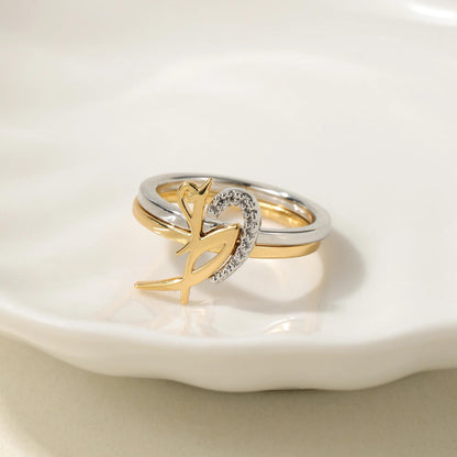Arabic Initial Ring: 2 Intertwined Rings, Stainless Steel Silver and Gold