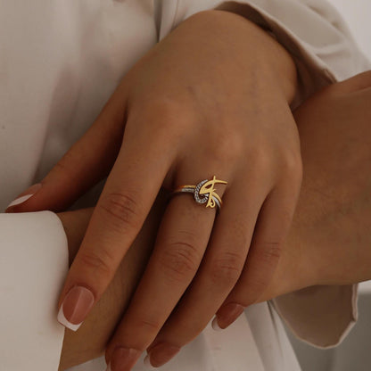 Arabic Initial Ring: 2 Intertwined Rings, Stainless Steel Silver and Gold