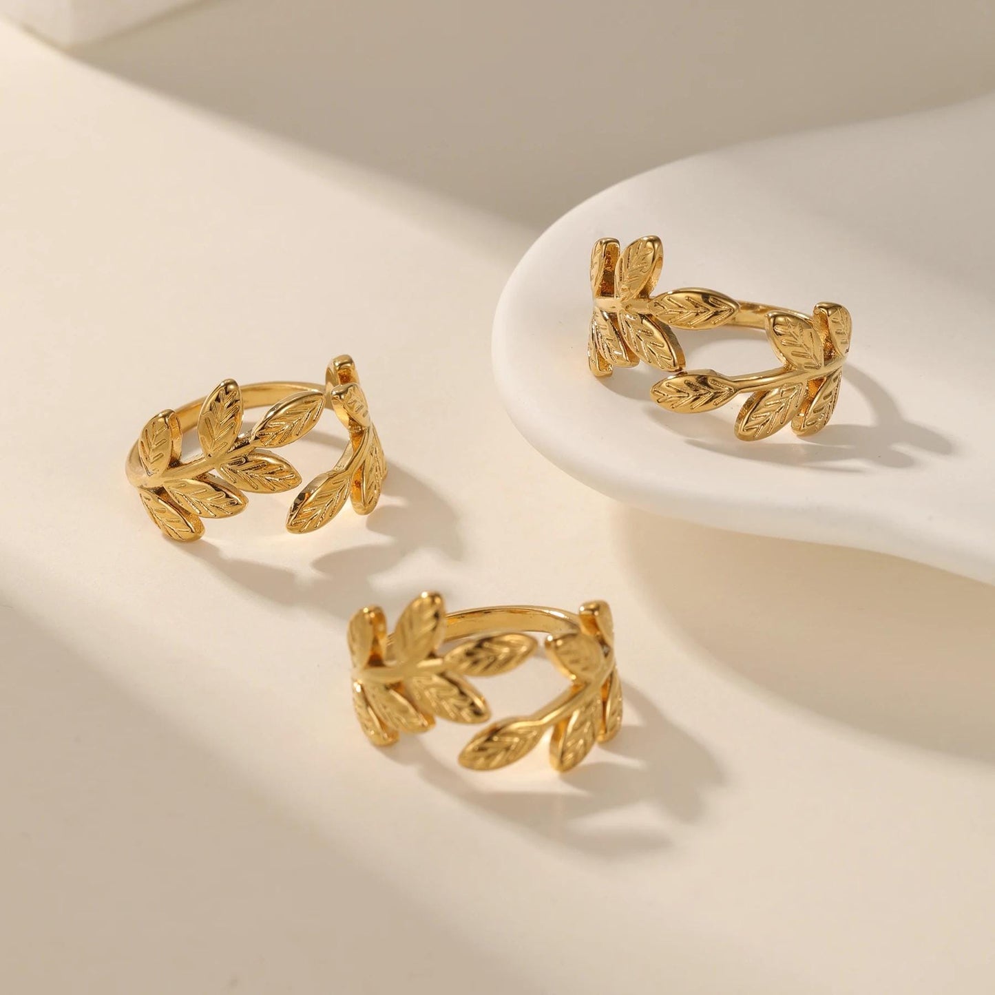 Gold Olive Leaf Ring: Adjustable Stainless Steel Wrap Ring